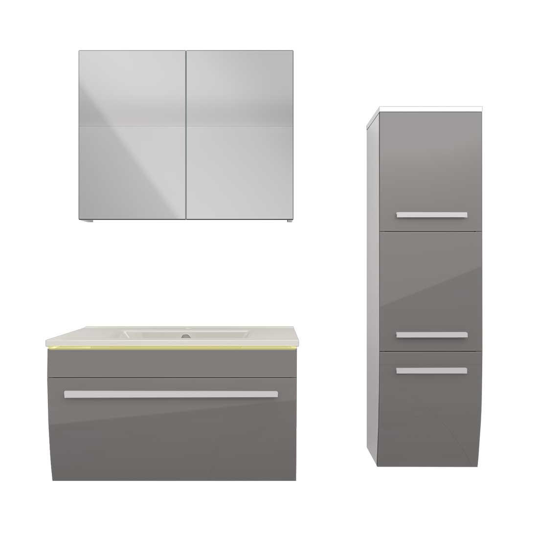 BADMÖBEL Set Gently 3 V2-R Weiß/Grau Badezimmermöbel Badspiegel Waschtisch 70 cm mit 1x 5W LED / Energiebox - Grau, Glas/Kunststoff (46/40/70cm) - AcquaVapore by Sandra Jentho