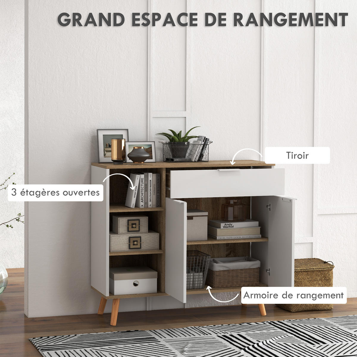SIDEBOARD Weiß und Natur, 1 Schublade, 2 Türen, 95/35/85 cm - Weiß, Holz (95/85/35cm) - PANGIVO