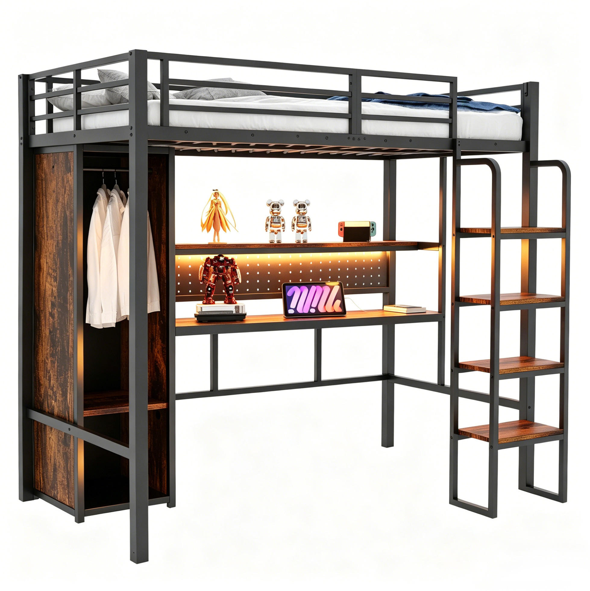 HOCHBETT 90/200 cm aus Metall und MDF mit Schreibtisch und Kleiderschrank Schwarz - Schwarz, Holzwerkstoff (90/200cm) - Modenvie