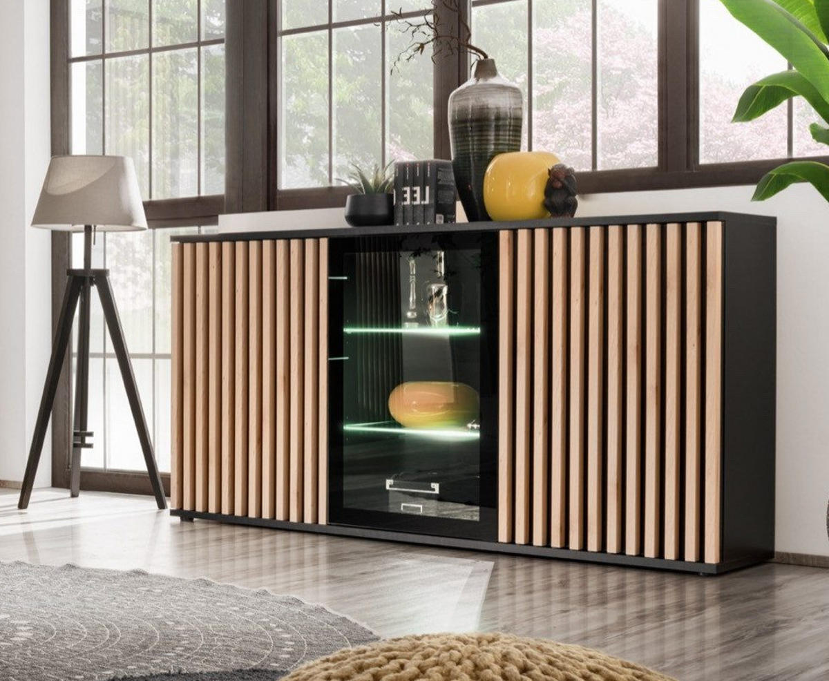 SIDEBOARD schwarz, Eiche Jackson 163 cm, Kommode mit Beleuchtung - Eichefarben/Schwarz, Glas/Holzwerkstoff (160/92/40cm) - Furn.Design