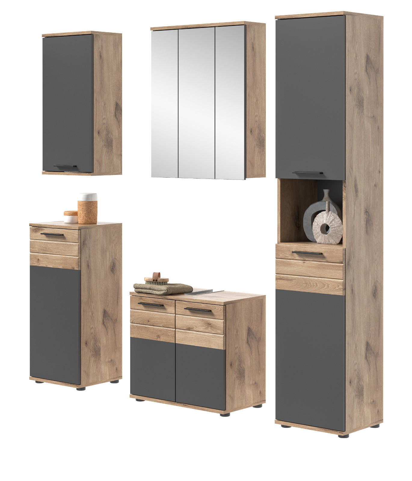 BADMÖBEL-SET Eiche, grau 5-teilig 164 cm mit Soft-Close, Badezimmermöbel - Eichefarben/Schwarz, Glas/Holzwerkstoff (164/190/34cm) - Inn.Furn