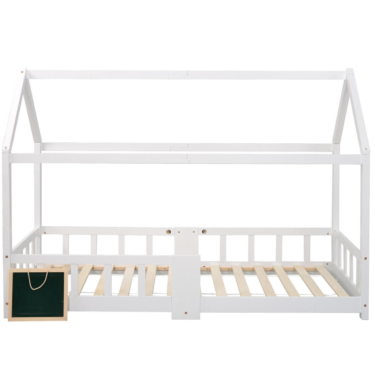 HAUSBETT 90/200 cm aus Kiefernholz mit Tafel und Rausfallschutz - Weiß, Holz (90/200cm) - OKWISH