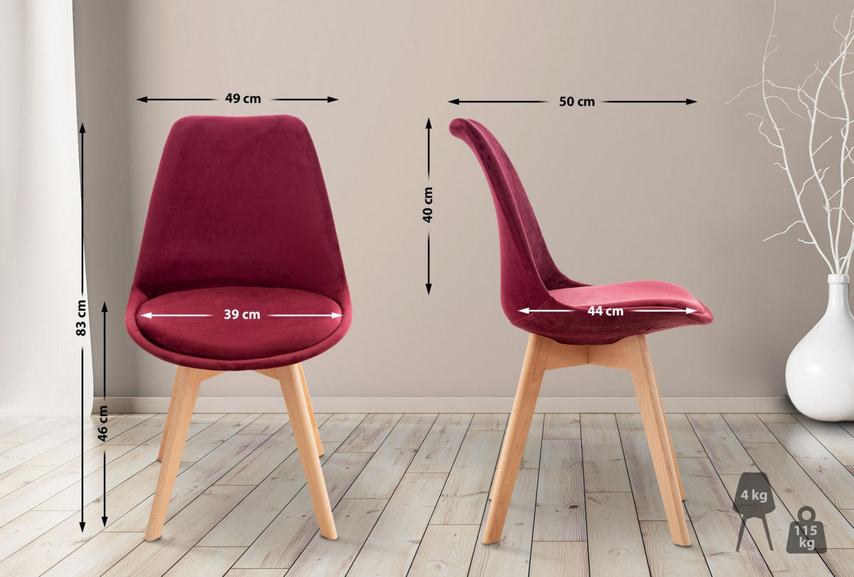 STUHL 4er Set Samt bordeauxrot - Eukalyptusholzfarben/Bordeaux, Holz/Textil (49/83/50cm) - CLP