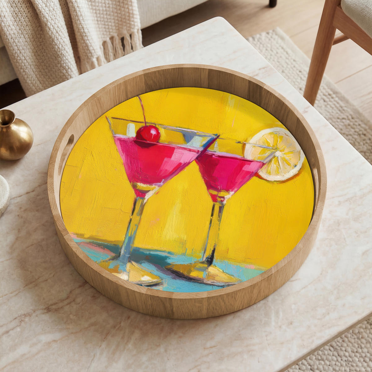 SERVÍROVACÍ PODNOS Sklenice - Koktejl - Citron - Třešeň 40x40 cm - žlutá, dřevo (40/5/5cm) - OnlyWow
