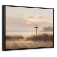 LEINWAND Bilder mit Rahmen - Gras - Morgennebel - Kreuz - Christentum - 40x30 - Beige, Textil (40/30cm) - MuchoWow