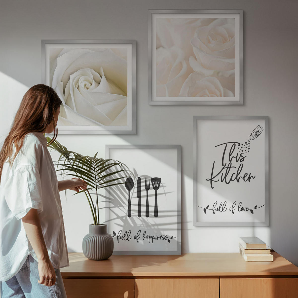 BILDER SET 4er Set - 50x50 cm & 40x60 cm Silberner Rahmen - Geometrische Muster im Bauhaus-Stil - Silberfarben, Kunststoff (50/50cm) - TULUP