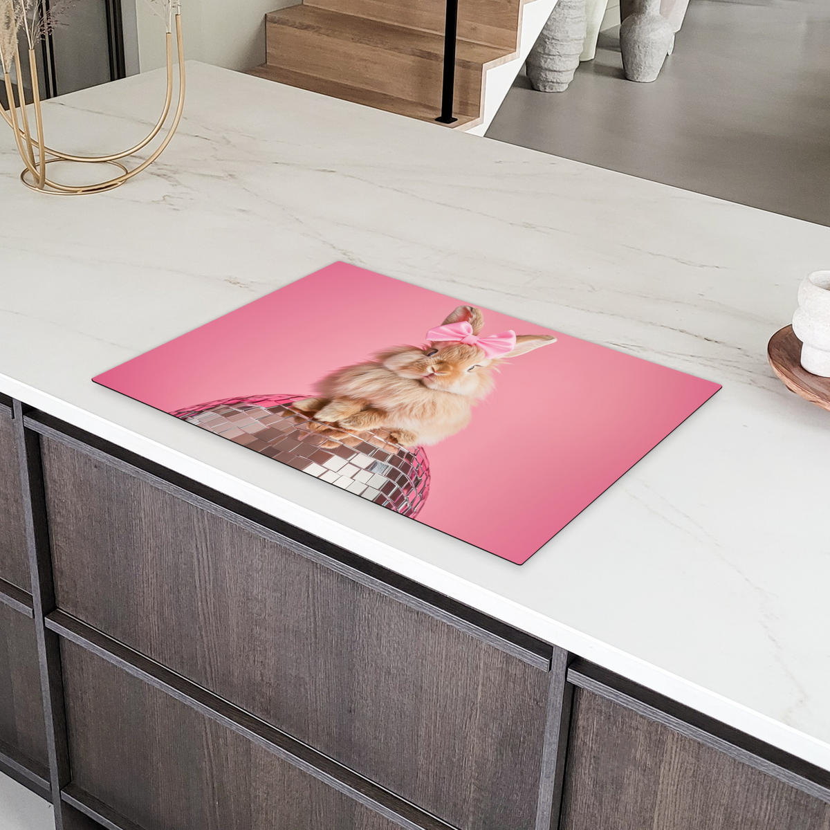 HERDABDECKPLATTE Schleife - Discoball - Kaninchen Ceranfeldabdeckung 78x52 cm - Pink, Kunststoff (78/52/0.2cm) - MuchoWow