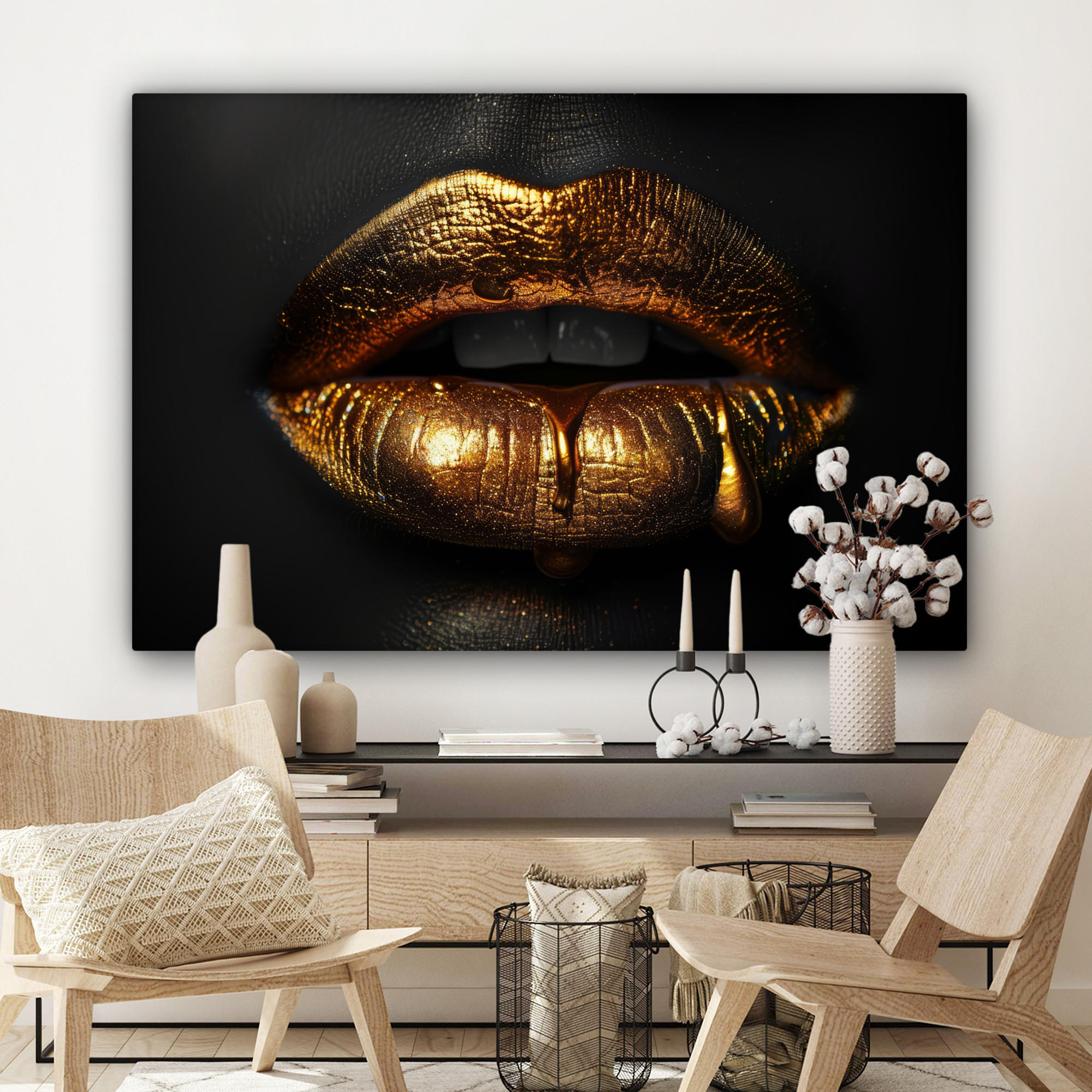 LEINWANDBILD Frau - Porträt - Lippen - Gold - Schwarz Groß 140x90 cm - Schwarz, Textil (140/90cm) - MuchoWow