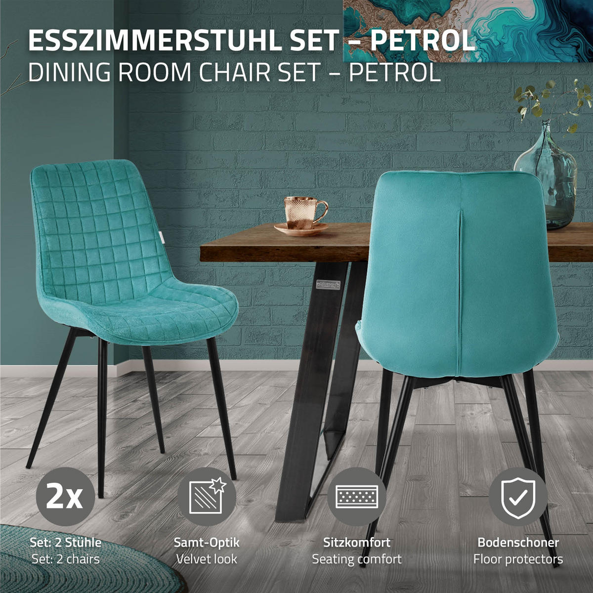 ESSZIMMERSTÜHLE 2ER-SET Petrol Samt - Petrol/Schwarz, Textil/Metall (52/89/60cm) - ML-DESIGN