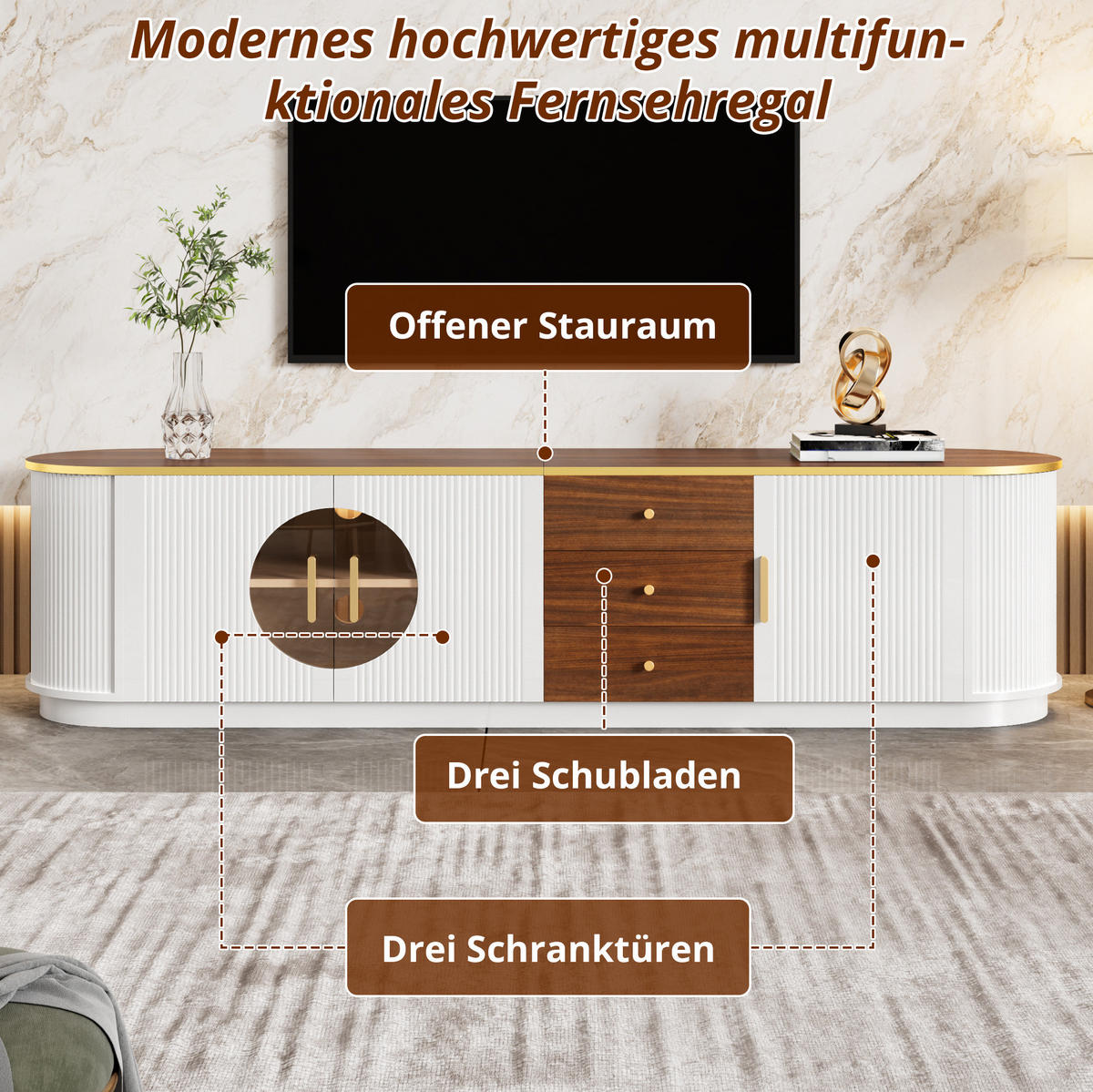 LOWBOARD 180/40/46 cm weiß aus MDF mit 3 Türen und Kabelmanagement - Weiß, Holzwerkstoff (180/46/40cm) - OKWISH