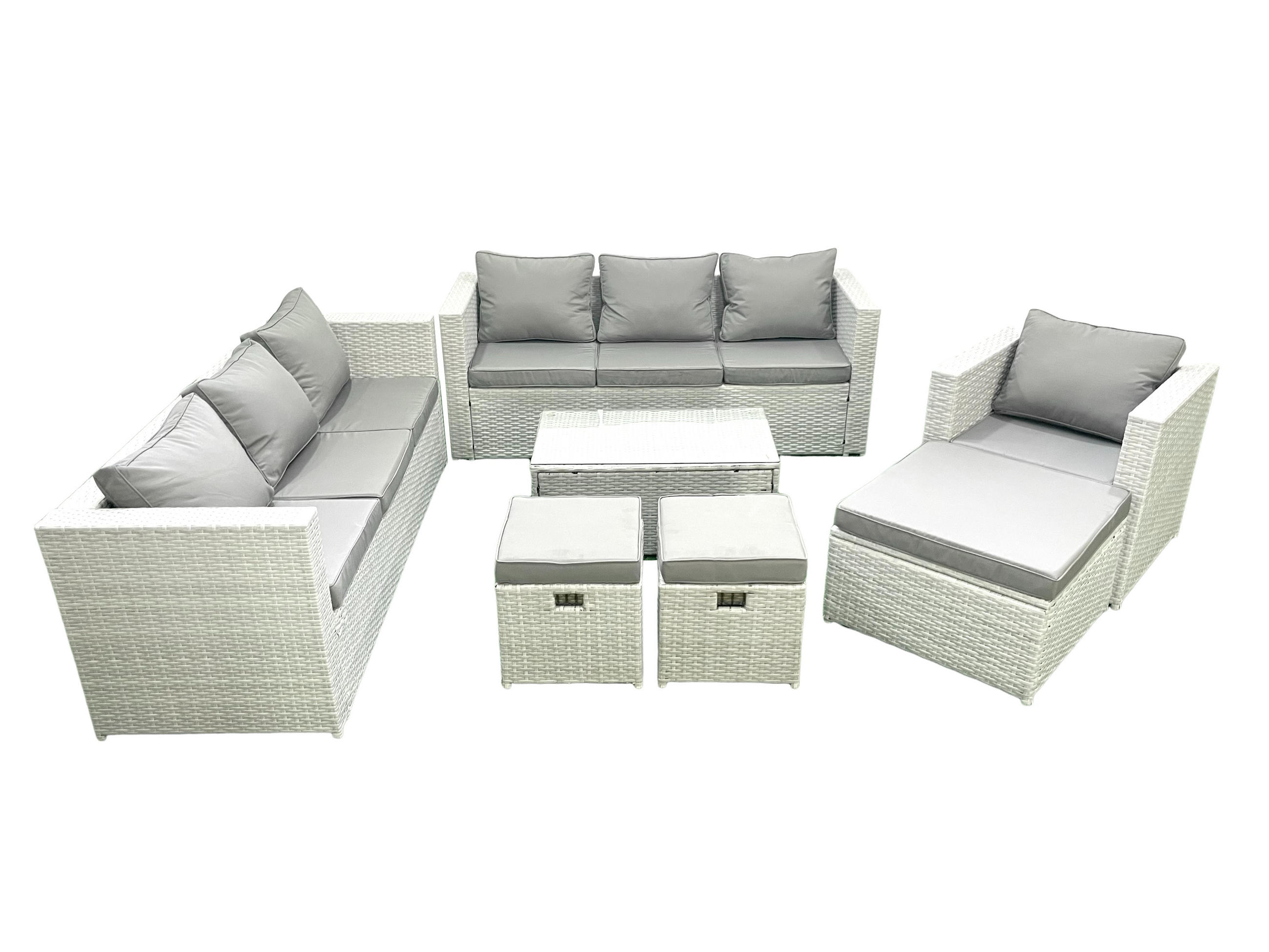 GARTENGARNITUR mit 3-SITZER SOFA,COUCHTISCH Polyrattan Hellgrau-Mix 10-Sitzer - Hellgrau/Grau, Glas/Kunststoff - Fimous