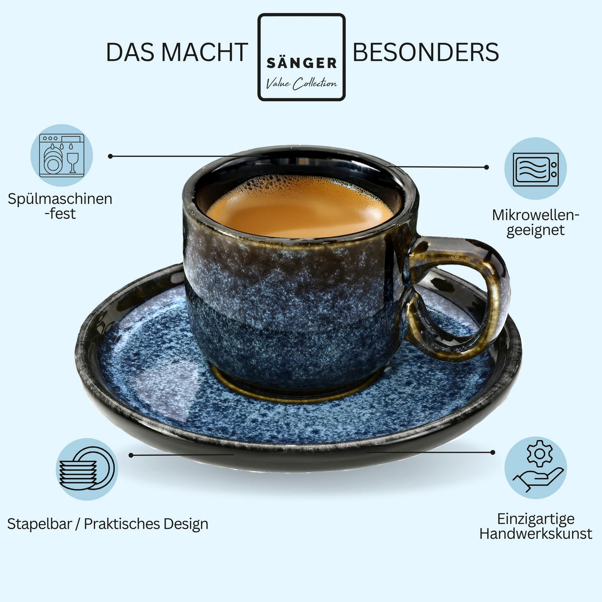 ESPRESSOTASSEN SET OSAKA - 12 teilig aus Steinugt - Blau, Stein (0.08L) - Sänger