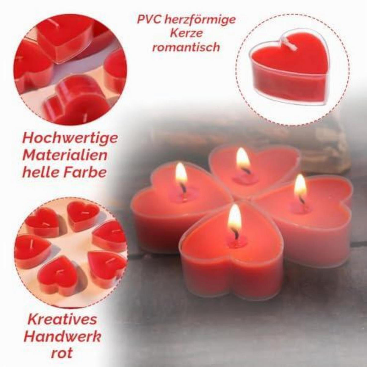 TEELICHTER Herz 18-teiliges Set Rot 4 cm - Rot, Paraffin (2cm)