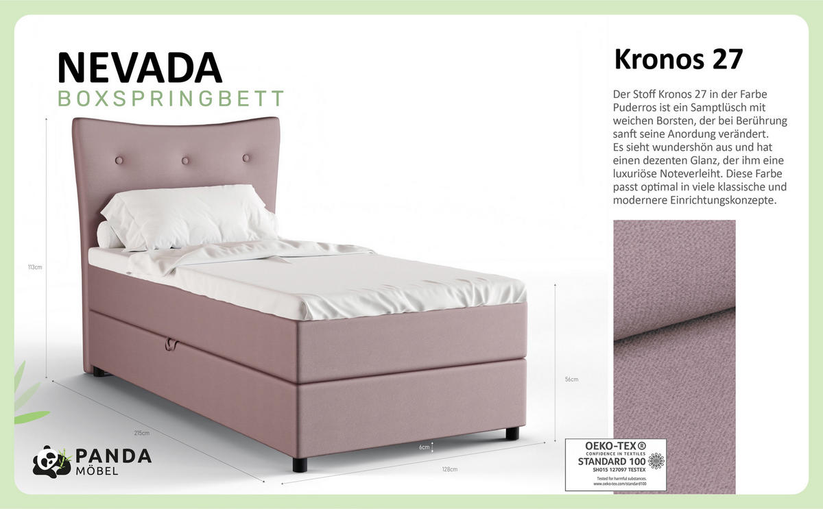 BOXBETT Nevada 120x200 cm Polsterbett mit hochwertiger Bonell-Matratze und Topper - rosa - Rosa, Holz (120/200cm) - Panda Möbel