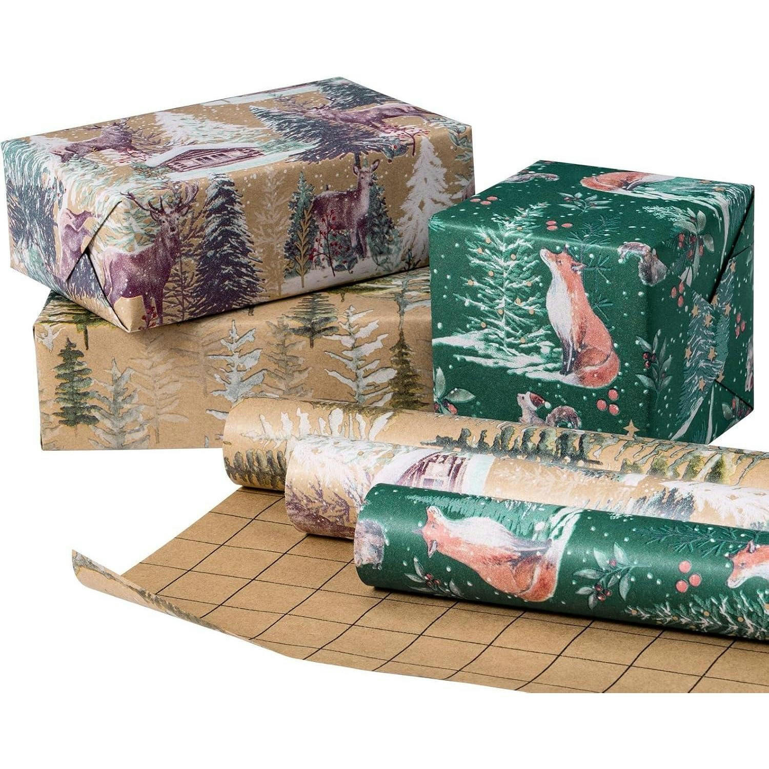 GESCHENKPAPIER 3er Set Kraftpapier Weihnachten Fuchs Rentier Baum 43,2 cm x 3 m - Multicolor, Papier (4/44/10cm)