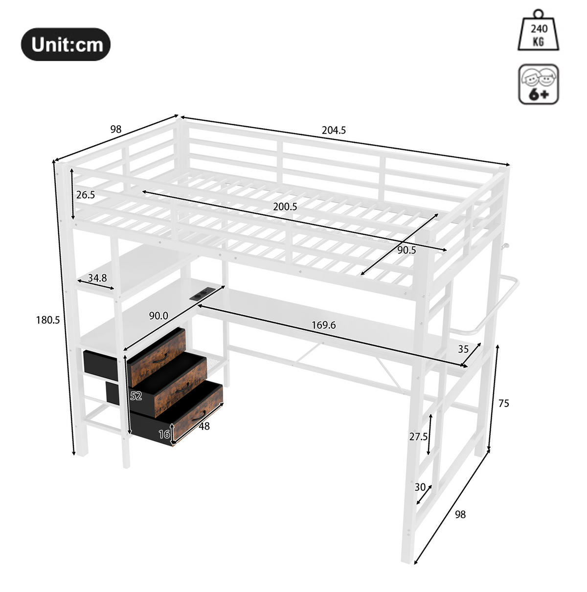 HOCHBETT 90/200 cm aus Metall/MDF mit Schreibtisch und LED-Beleuchtung Weiß - Weiß, Metall (90/200cm) - Modenvie