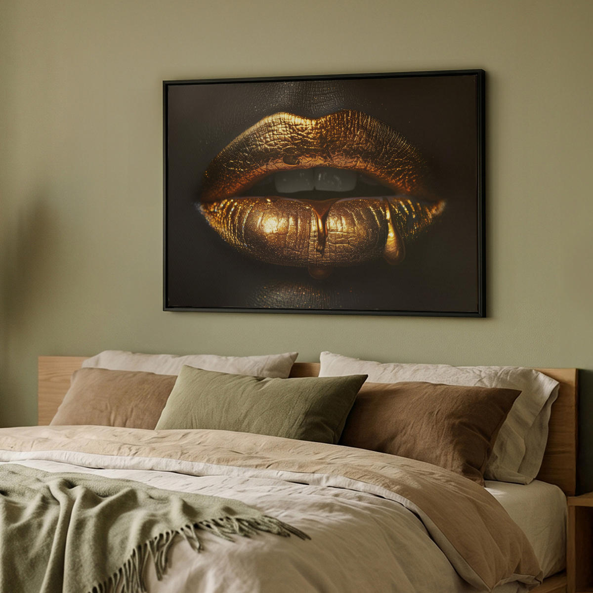 LEINWAND Bilder mit Rahmen - Frau - Porträt - Lippen - Gold - Schwarz - 100x70 - Schwarz, Textil (100/70cm) - MuchoWow