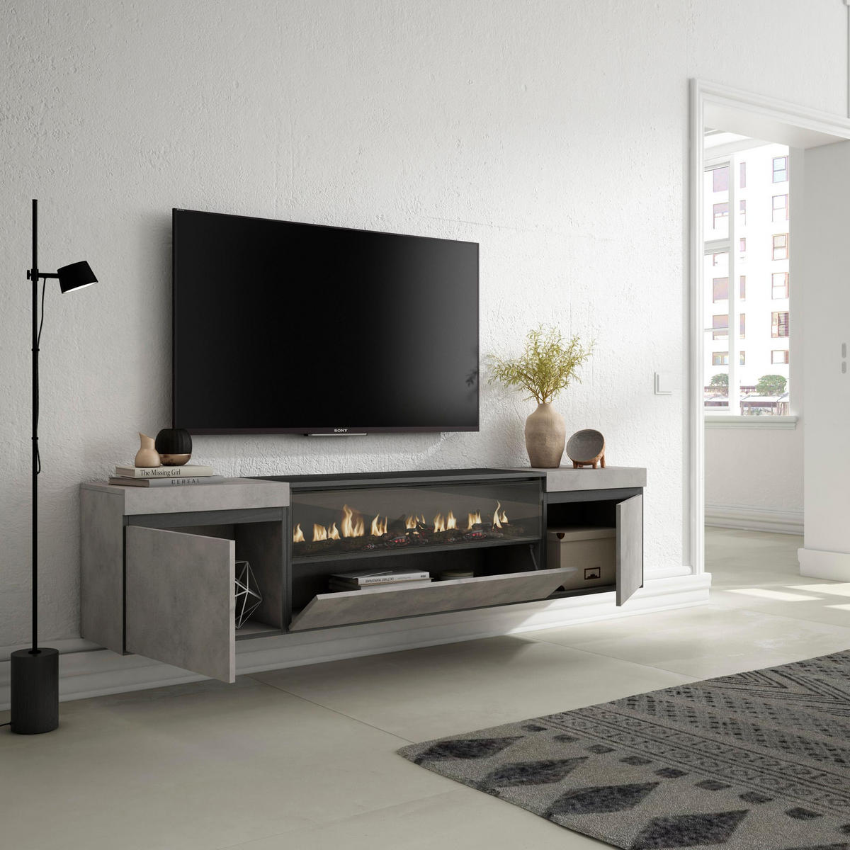 TV-SCHRANK zementgrau, mit Elektrokamin, Hängend, 200/35/45cm - Hellgrau/Grau, Holzwerkstoff (200/45/35cm) - Skraut Home