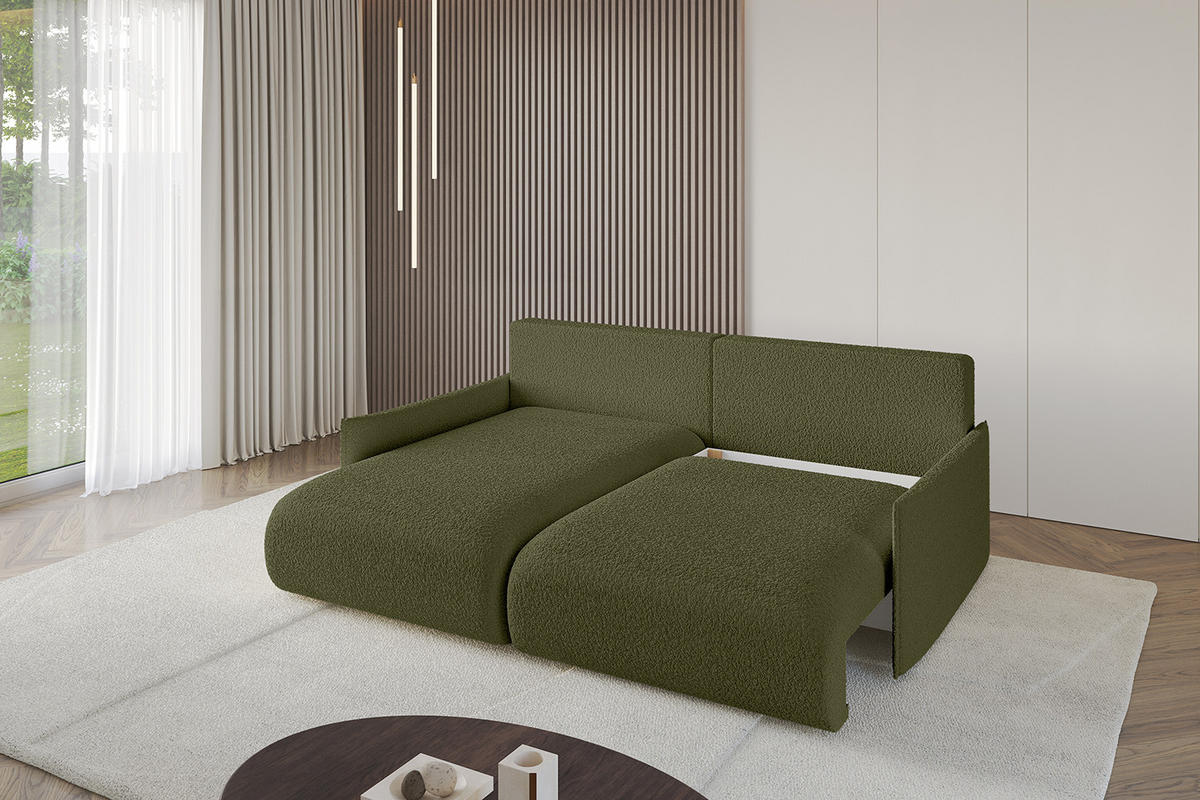 ECKSOFA mit Schlaffunktion und Bettkasten ONESK-L -v1 208x165x40 Grün Bouclé - Grün, Holzwerkstoff/Kunststoff (208/165cm) - ALTDECOR