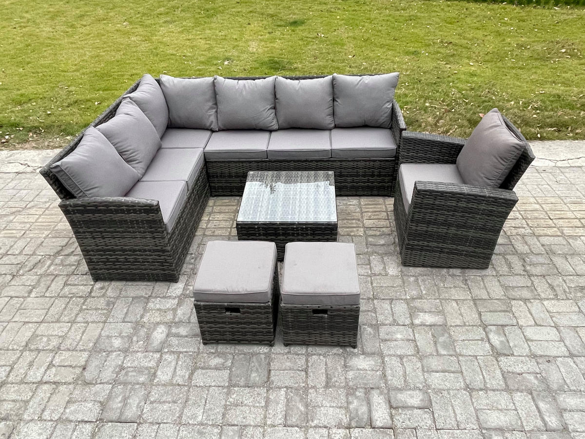 GARTENGARNITUR mit Ecksof,Couchtisch Polyrattan Dunkelgrau 9-Sitzer - Dunkelgrau/Grau, Glas/Kunststoff - Fimous