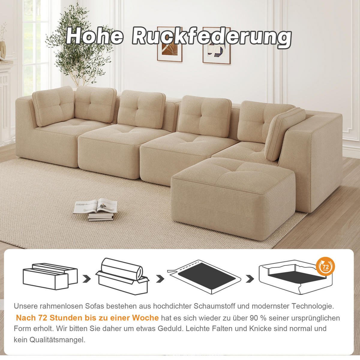 MODULARES Ecksofa aus Cord mit tiefer Sitzfläche Beige - Beige, Textil (177/386cm) - Modenvie