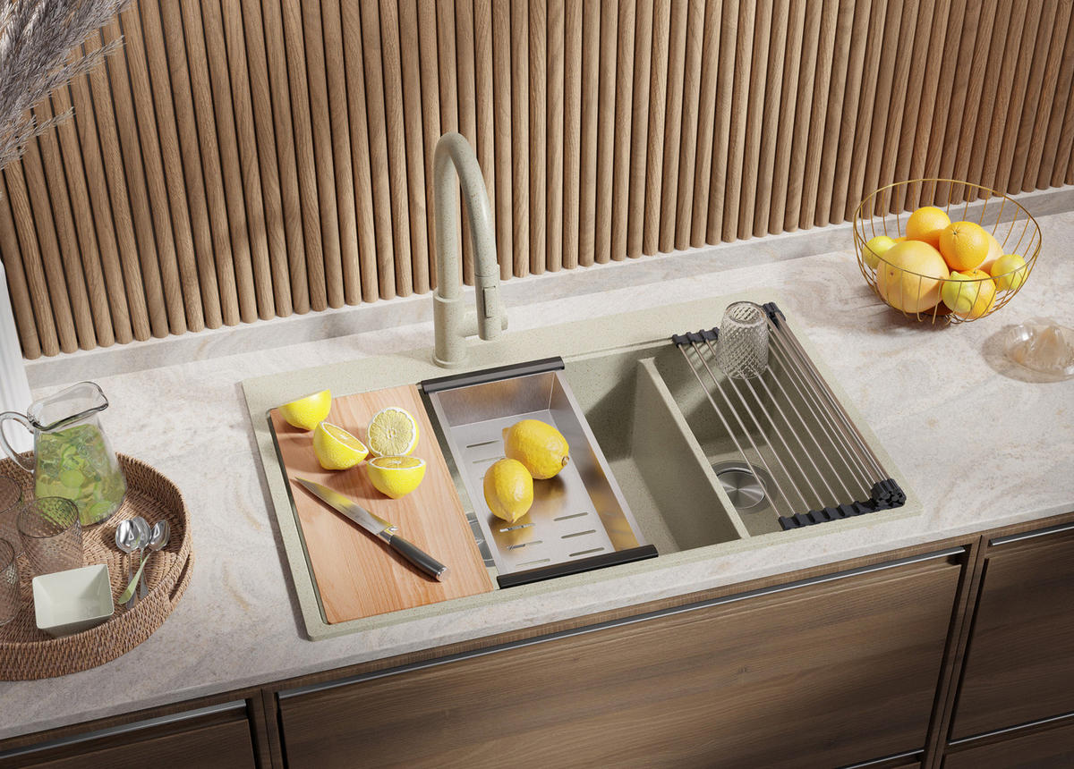 GRANITSPÜLE Oslo Duo, 2-er set Beige 78/50 cm 2 Becken + Küchenarmatur 32/20 cm + Ablauf-Set + Schneidebrett ab 80er Unterschrank - Chromfarben/Beige, Kunststoff (78/20/50cm) - Primagran