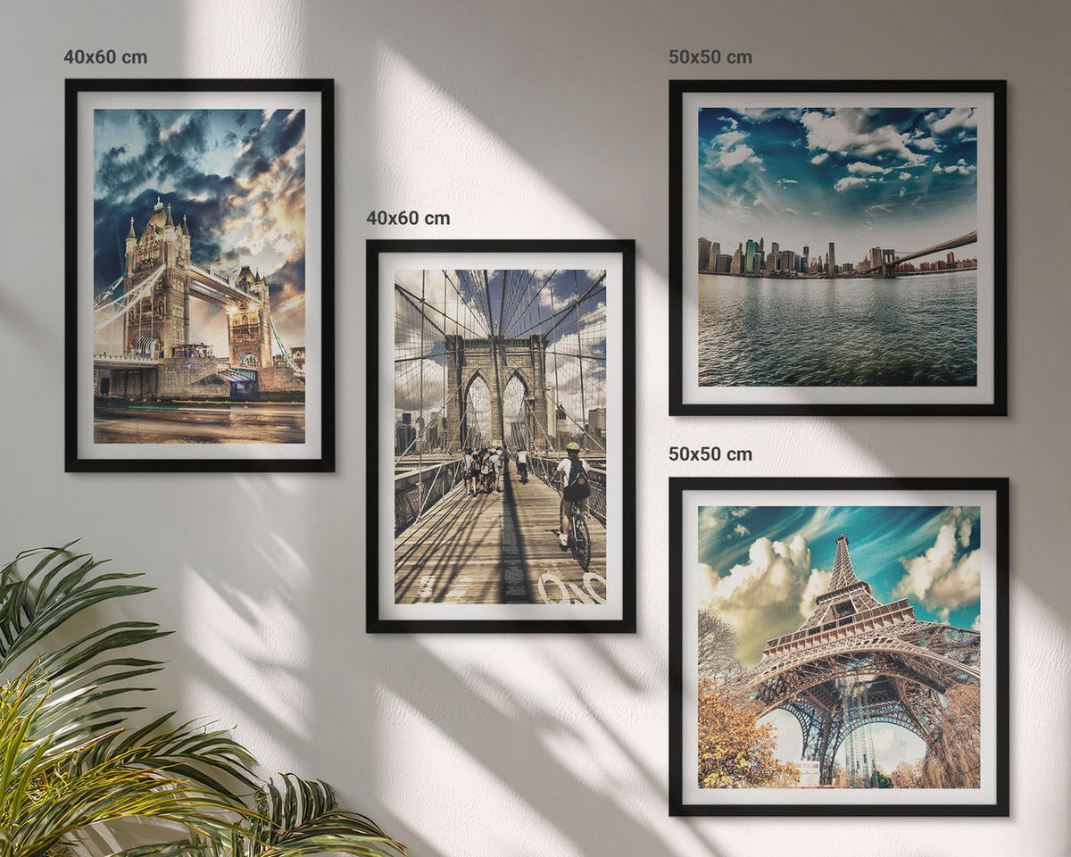 WANDBILDER 4er-Set - 50x50 cm & 40x60 cm Schwarzer Rahmen - Turmbrücken in europäischen Städten - Schwarz, Kunststoff (50/50cm) - ArtPrintCave