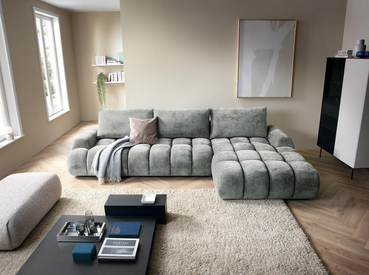 ECKSOFA 340 cm Valerio II, Schlaffunktion, Bettkasten, Rechts, Hellgrau - Hellgrau, Holz (177/340cm) - Emporius