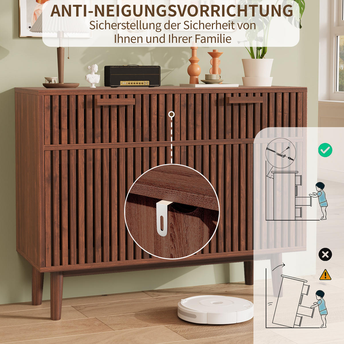 SIDEBOARD Nussbaumfarben 100cm Kommode mit 2 Türen 2 Schubladen Landhaus modern - Nussbaumfarben, Holz (100/80/35cm)