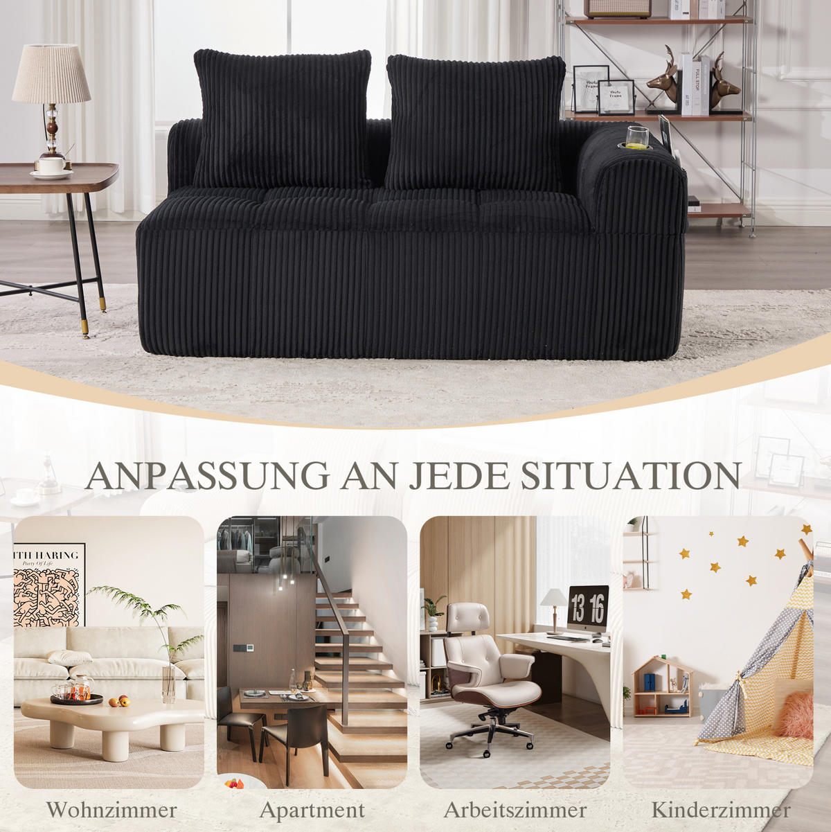 2-SITZER-SOFA 158/93/61 cm schwarz aus Cord mit Seitenfächern und Becherhaltern - Schwarz, Textil (93/61/158cm) - Modenvie