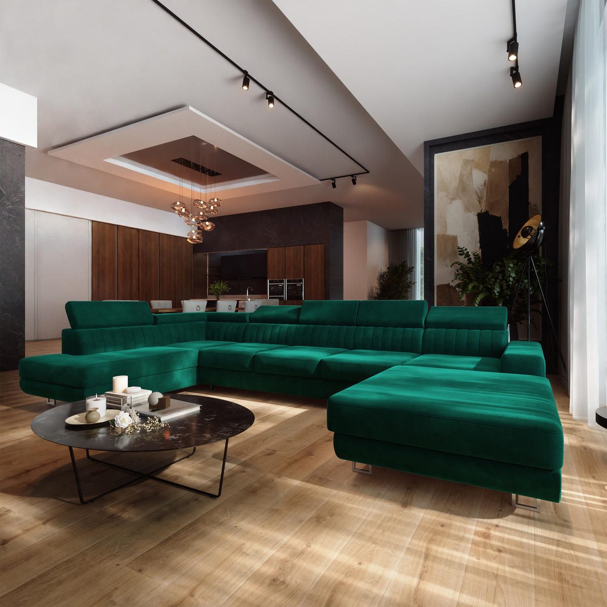 WOHNLANDSCHAFT GAIAN Grün Velours-Stoff mit Schlaffunktion - Grün, Holz (412/88/190cm) - MASSENO