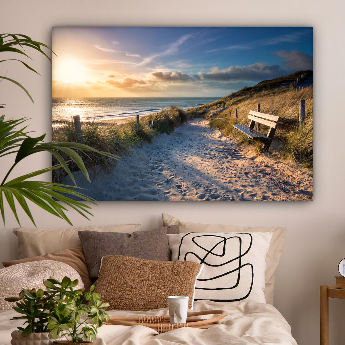 LEINWANDBILD - Sonnenuntergang - Strand - Düne - Gras - Ufer - 120x80 - Kunstdruck - Sandfarben, Textil (120/80cm) - MuchoWow