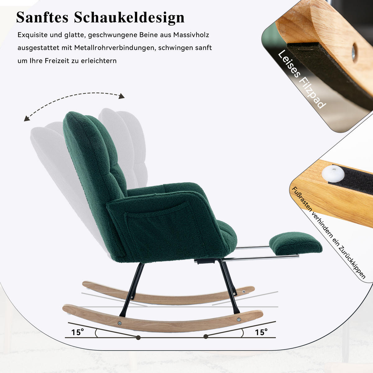 SCHAUKELSTUHL Teddy-Stoff mit klappbarer Fußstütze 80/98/98.5 cm Grün - Grün, Textil (98/98.5/80cm) - Redom