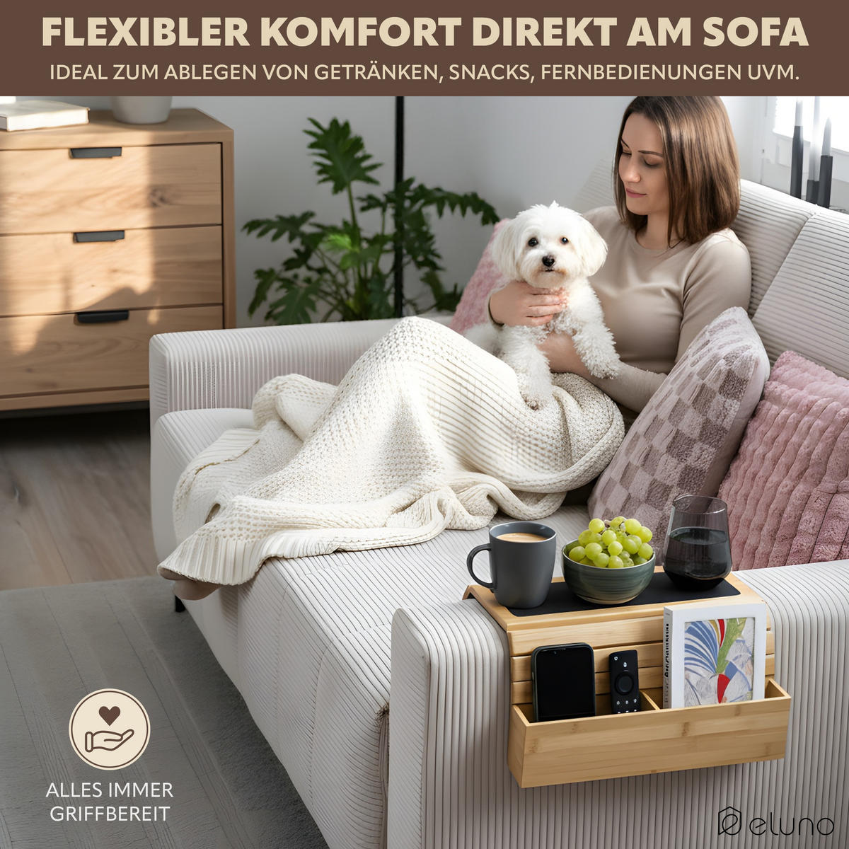 ARMLEHNEN-SOFATABLETT mit seitlichen Fächern, rutschfeste Silikonablage, Bambus - Naturfarben, Naturmaterialien (47/6/34cm) - eluno