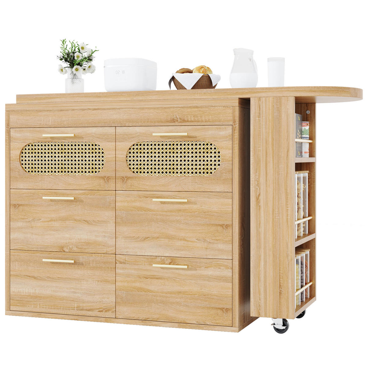 BARTISCH 128-203/39/90 cm drehbar mit 6 Schubladen, Ablagefach und Kippsicherung, MDF mit PE-Rattan, Natur - Naturfarben, Holzwerkstoff (39/203/90cm) - Redom