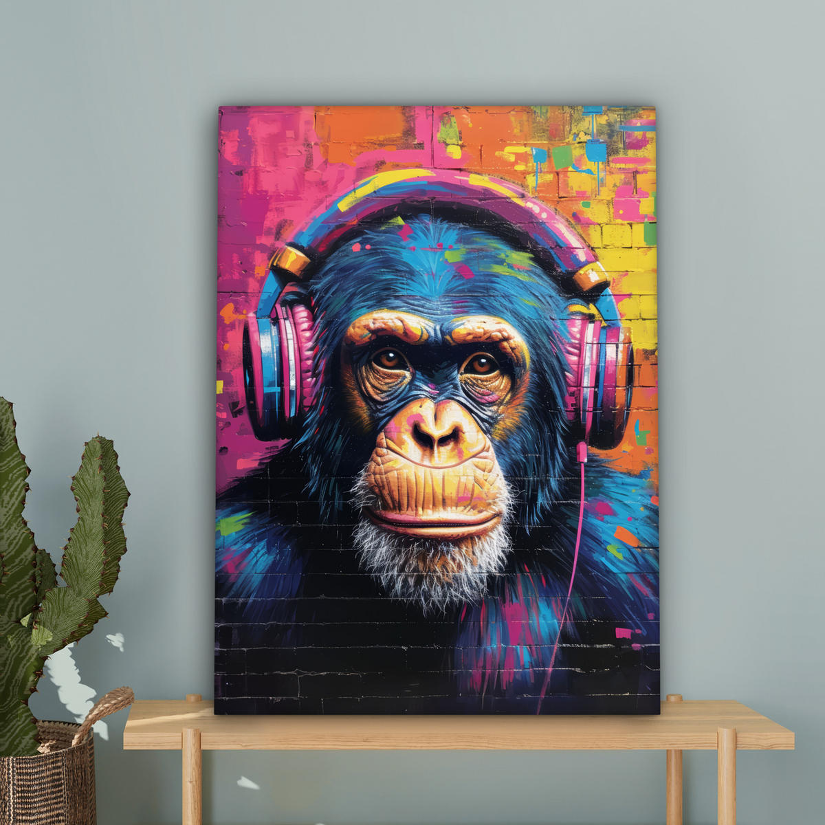 LEINWANDBILD Graffiti - Schimpanse - Straßenkunst - Kopfhörer - Affe Wandbild Wohnzimmer 60x80 cm - Blau, Textil (60/80cm) - MuchoWow