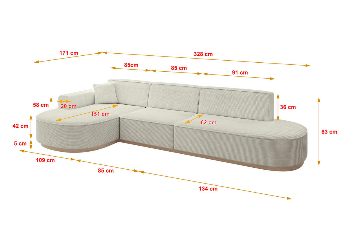 ECKSOFA Ottomane Links MARI-L2-v1 - 328x171x83 cm Hellgrau Cord - Hellgrau, Holzwerkstoff/Textil (328/171cm) - ALTDECOR