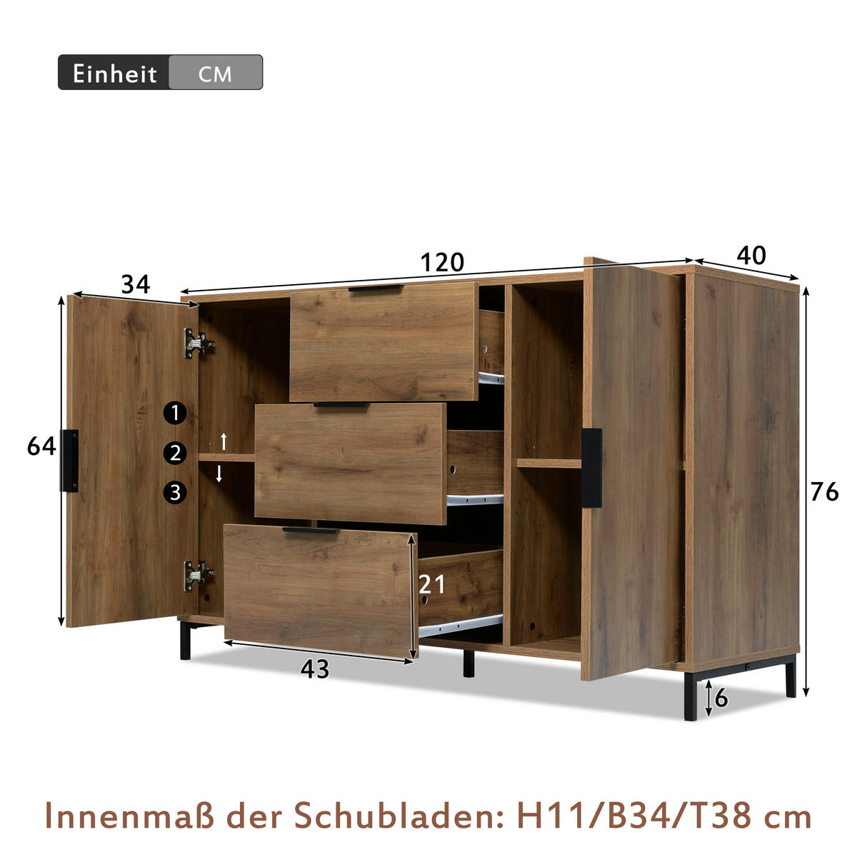 HIGHBOARD mit 2 Türen, 3 Schubladen und verstellbaren Einlegeböden, 120 x 40 x 76 cm, Dunkle Eiche, Spanplatte - Wildeiche, Holzwerkstoff (120/76/40cm) - SONNENH