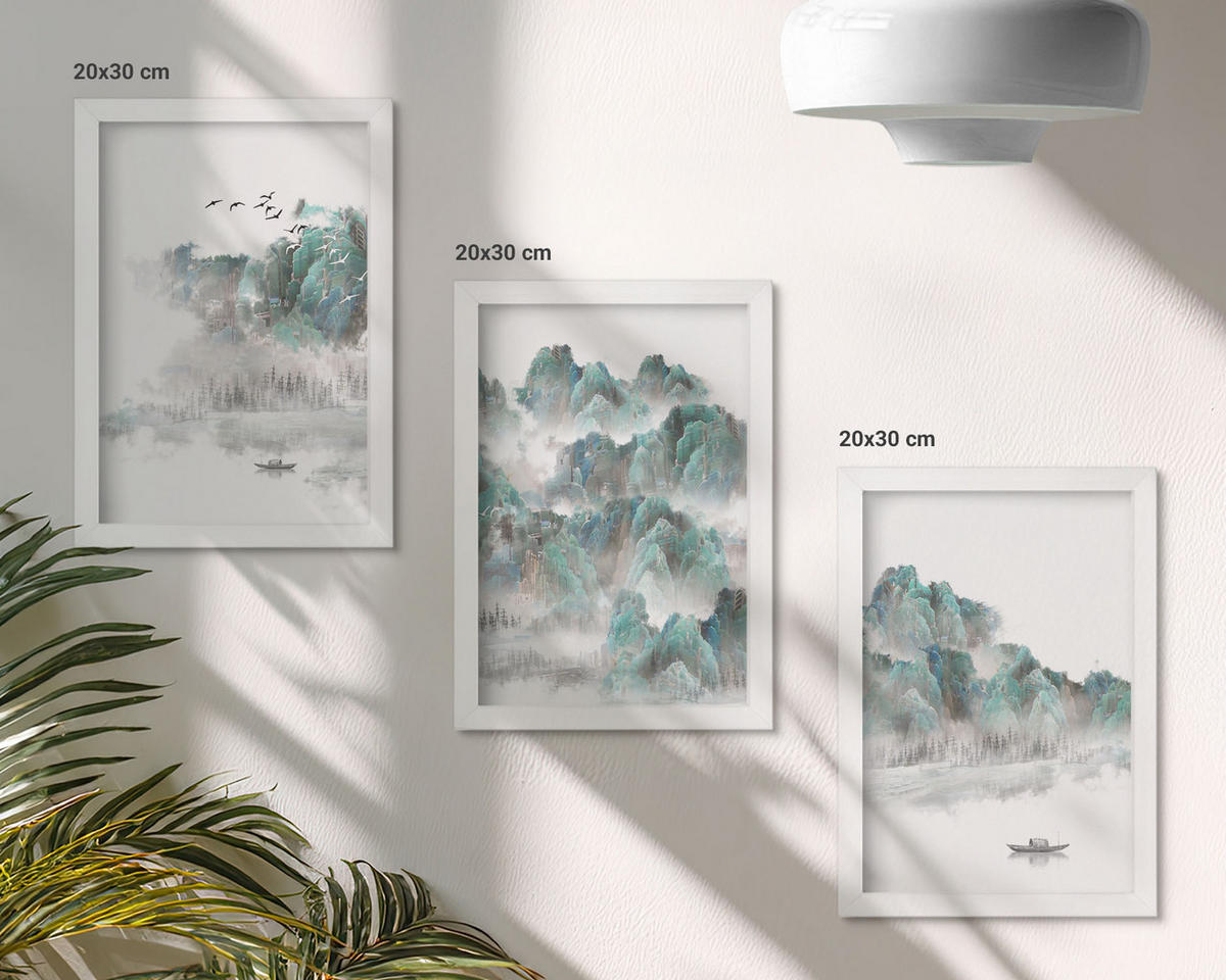 BILDER SET 3er Set - 20x30 cm Weißer Rahmen - Berge, Wolken, Vögel, Boot, Japandi - Weiß, Kunststoff (20/30cm) - TULUP