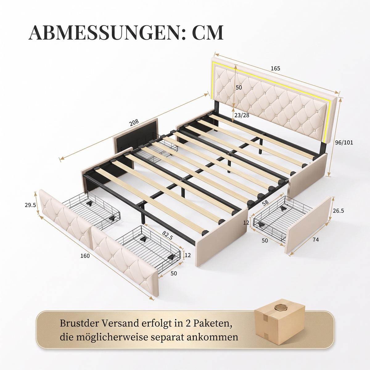POLSTERBETT 160x200 cm mit LED und Stauraum, Lattenrost, doppelbett 160x200 mit 4 Schublade, PU Ecru - Ecru, Leder/Holz (160/200cm) - GENKI LIVING
