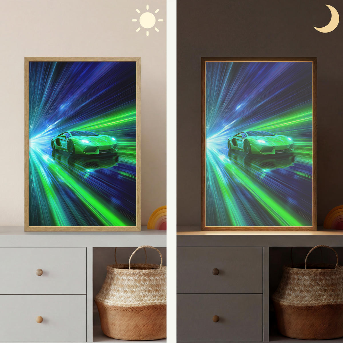 WANDLEUCHTE MIT AKKU Geschwindigkeit - Leicht - Sportwagen - Grün 40x60 cm - Grün, Holzwerkstoff (40/60/8cm) - OnlyWow