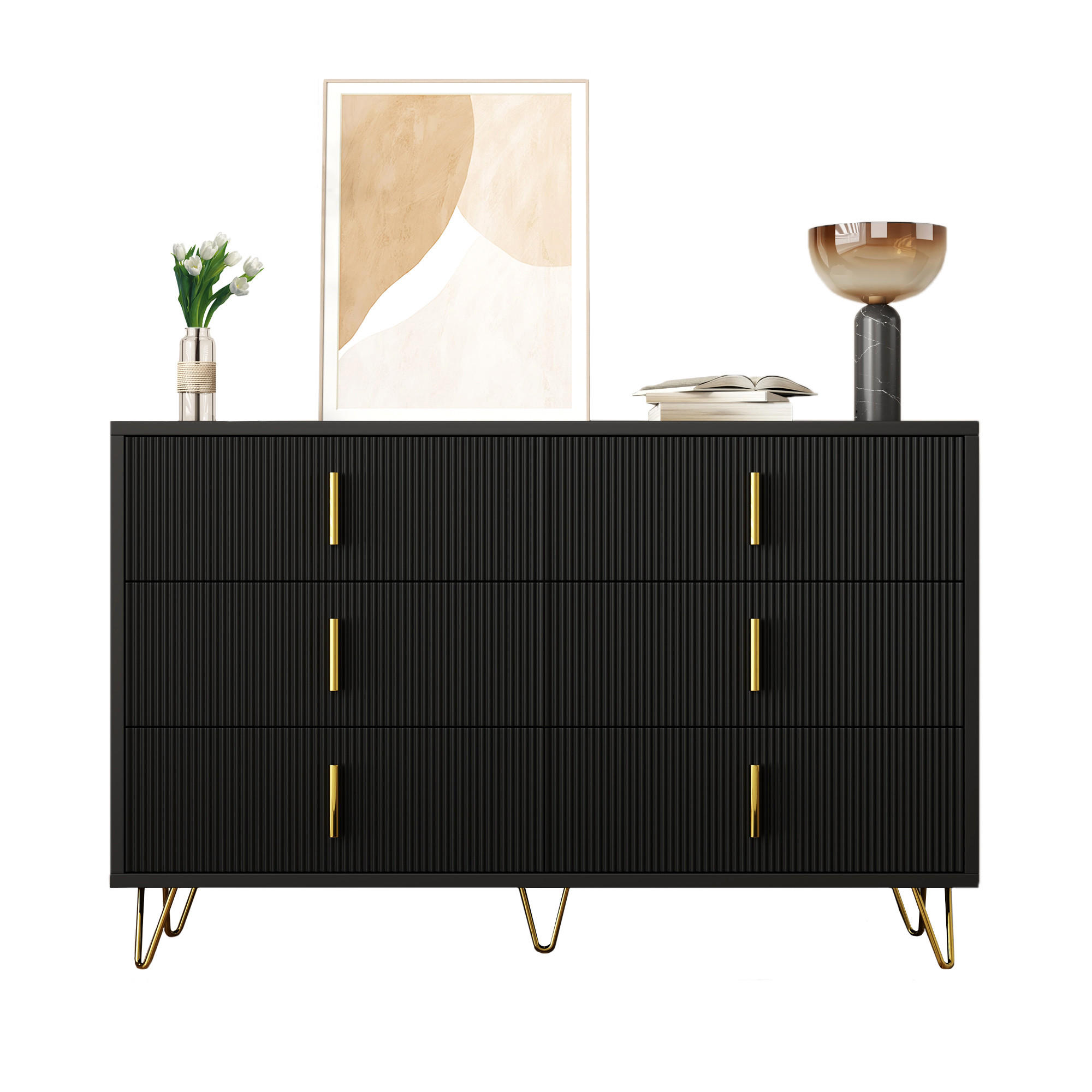 SIDEBOARD mit Wellenfront und 6 Schubladen mit Stauraum modernes Design Gold 120/77/40 cm - Goldfarben/Schwarz, Holzwerkstoff/Metall (120/77/40cm) - EVRYAE