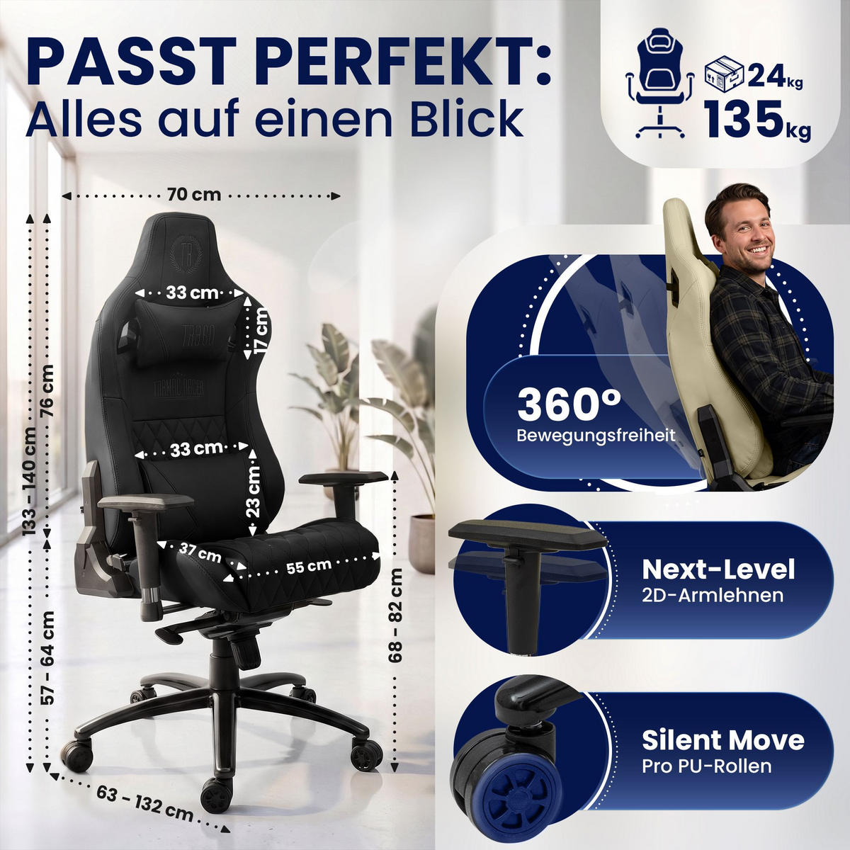 GAMINGSTUHL Echtleder schwarz - Schwarz, Leder/Metall (70/133/64cm) - CLP