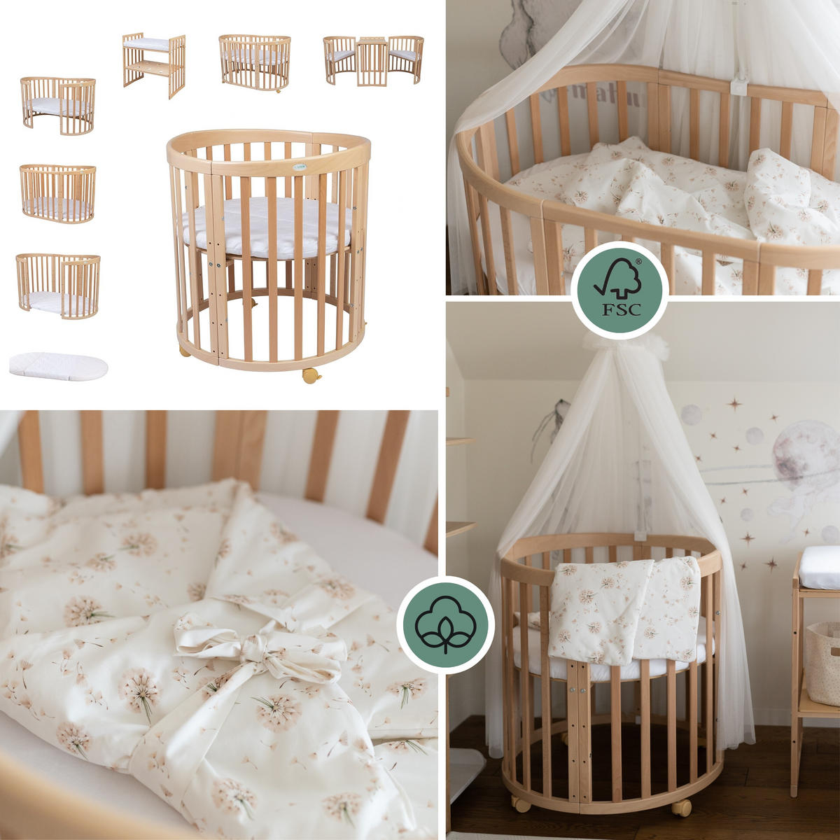 BABYBETT NATUR OVAL 7in1 mit Matratze und Himmelset - Naturfarben/Weiß, Holz/Textil