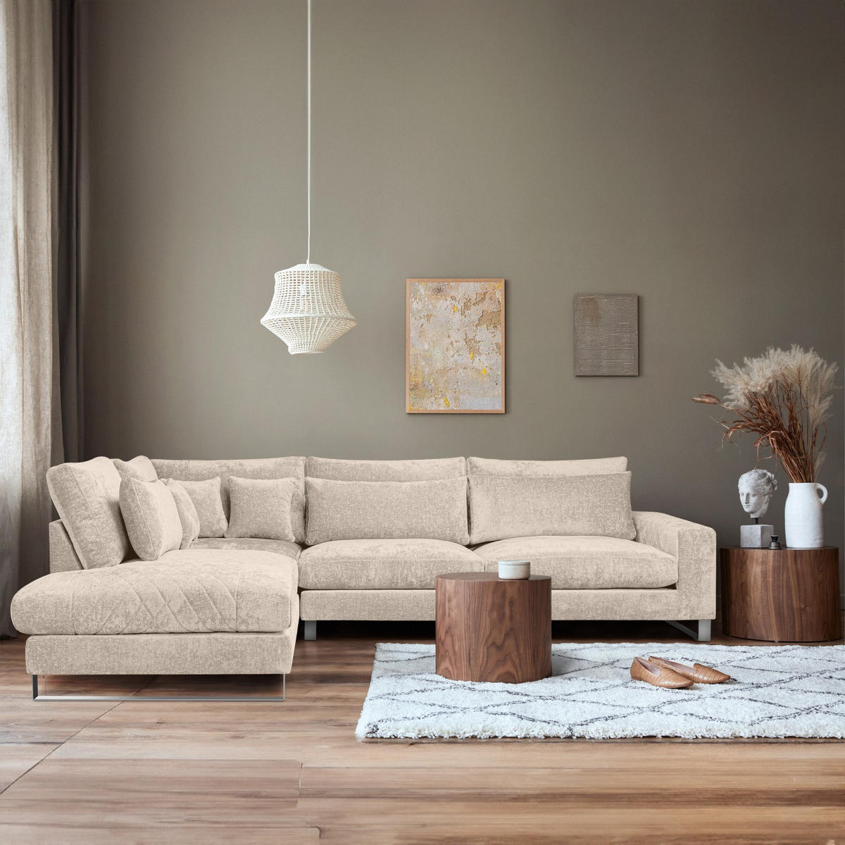 ECKSOFA LINKS BRENTIS Chenille-Stoff, Creme - Creme, Textil (314/224cm) - KONSIMO®