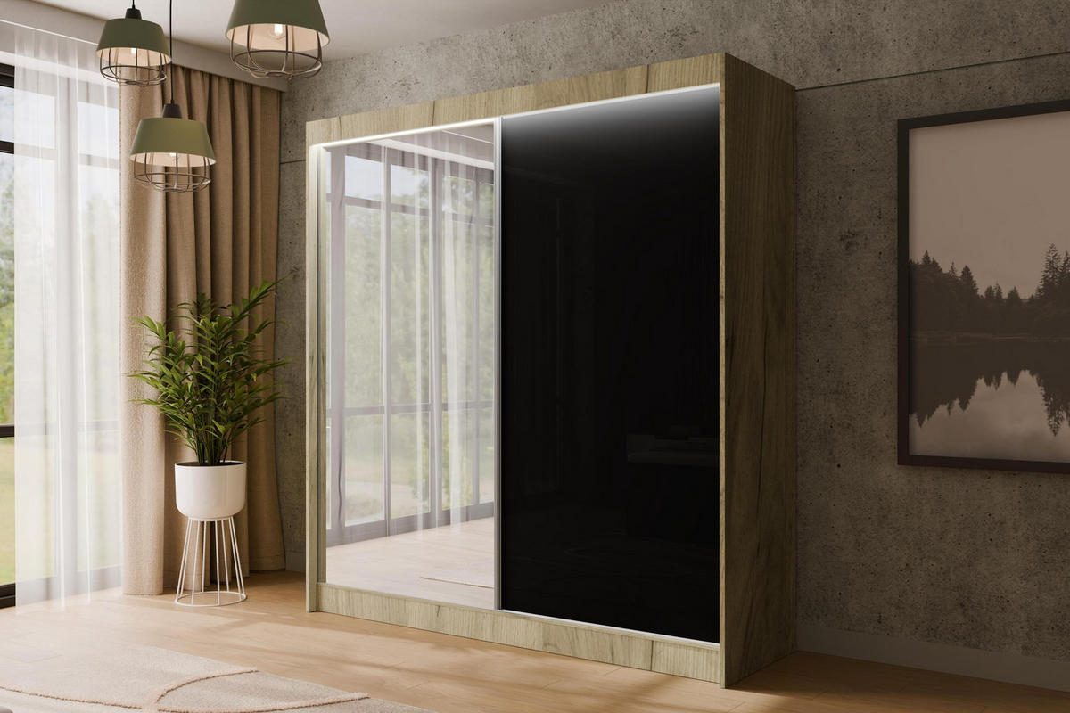 KLEIDERSCHRANK VESLI mit LED - 200 cm - Braun|Schwarz - Schwarz/Braun, Holzwerkstoff (200/215/61cm) - ALTDECOR