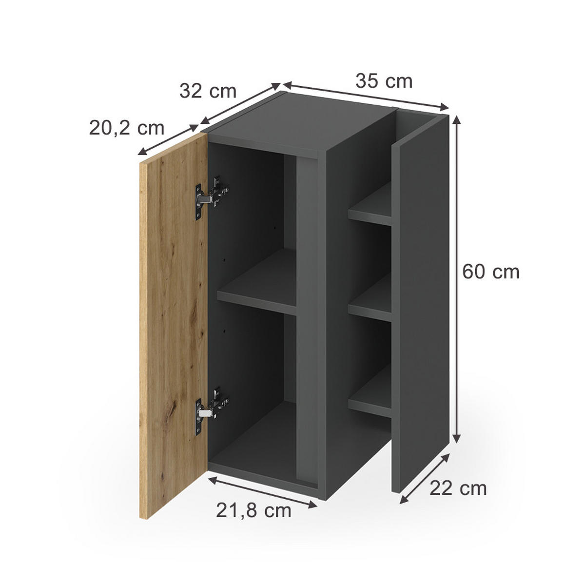 MIDISCHRANK Edelin Artisan 35 x 60 cm mit 3 Ablagefächern - Anthrazit, Holzwerkstoff (35/60/32cm) - Vicco
