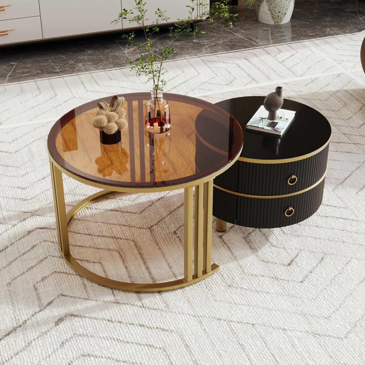 COUCHTISCH 70/50 cm schwarz aus Glas, MDF und Massivholz mit Schubladen - Schwarz, Holzwerkstoff (70/70/45cm) - OKMYHOME