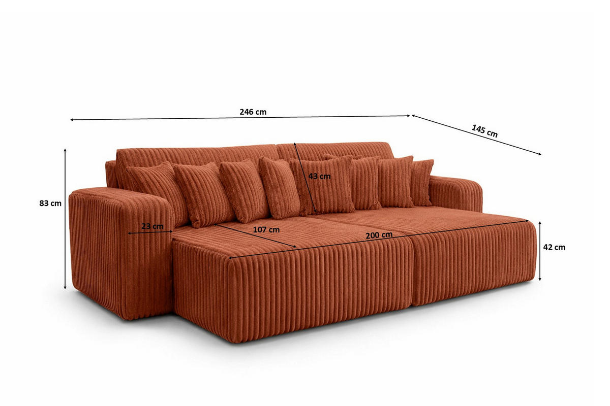 SCHLAFSOFA, Cordstoff Tilia, Kupfer, PIANO DOUBLE - Orange, Holz (246/83/145cm) - Kaiser Möbel
