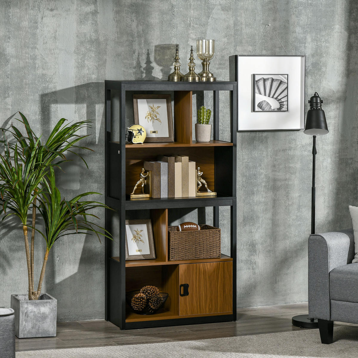 BÜCHERREGAL,OFFEN 4 Ebenen Schrankfach 76,5x30x150cm,braun-schwarz - Schwarz, Holzwerkstoff (76.5/150/30cm) - Vallsero